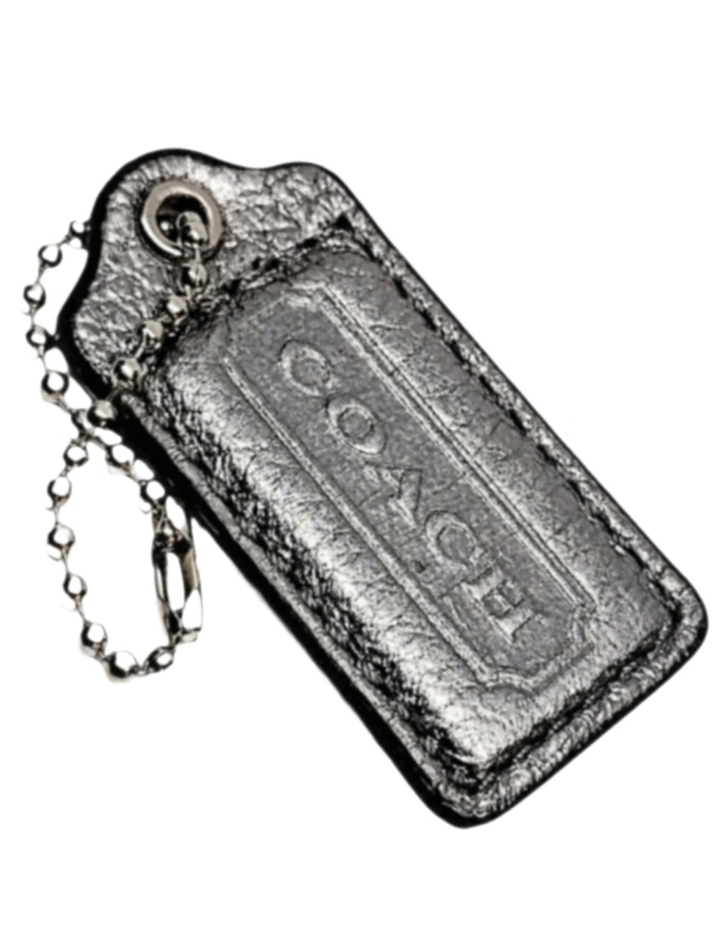 😘 2" Coach Metallic Gunmetal Leather Hangtag Bag Fob Keychain Purse Charm
